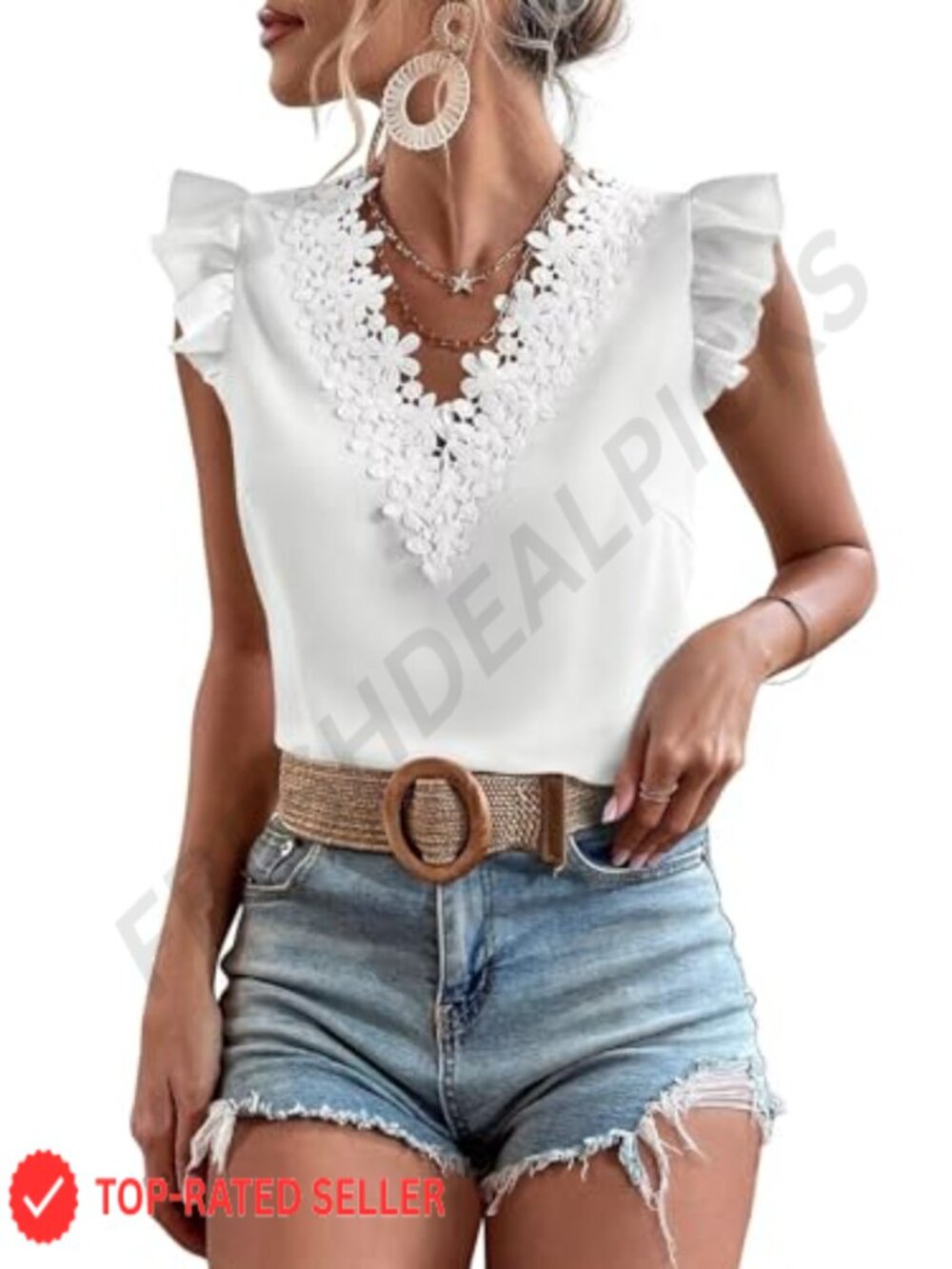 Womens Floral Lace V-Neck Ruffle Sleeve Babydoll Tunic Top Dressy Casual